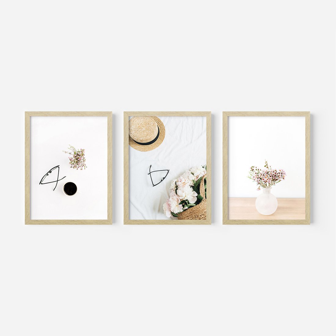 Zestaw obrazy w ramie, plakaty - kwiaty, okulary, kompozycja - rama drewno
