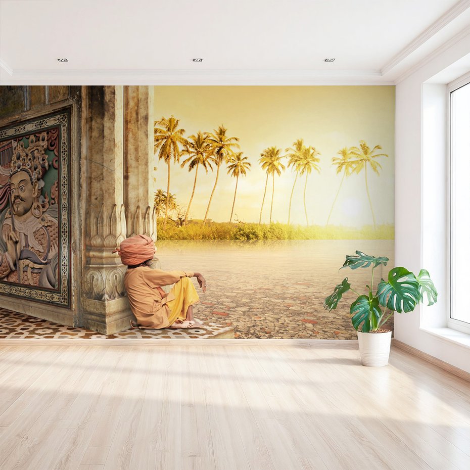 Fototapeta - człowiek, morze, palmy