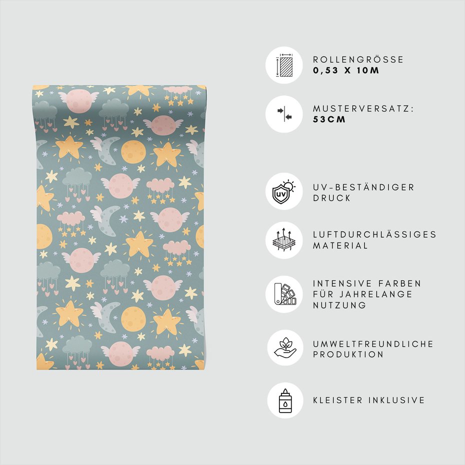 Tapeta - dziecięca, gwiazdy, księżyce, chmury