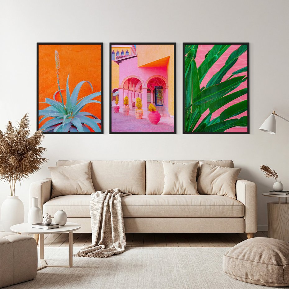 Zestaw obrazy w ramie, plakaty - rośliny, architektura, tropikalne - rama czarna