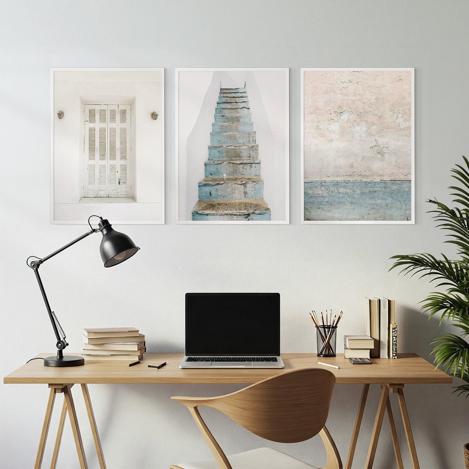 Zestaw obrazy w ramie, plakaty - ściana, schody, drzwi - rama biała