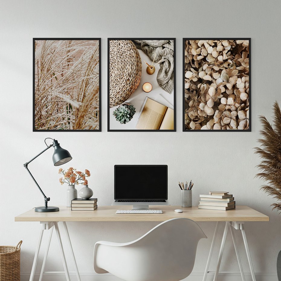 Zestaw obrazy w ramie, plakaty - roślina, beżowy, dekoracja - rama czarna