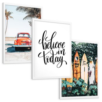 Zestaw obrazy w ramie, plakaty - palmy, samochód, deski surfingowe - rama biała