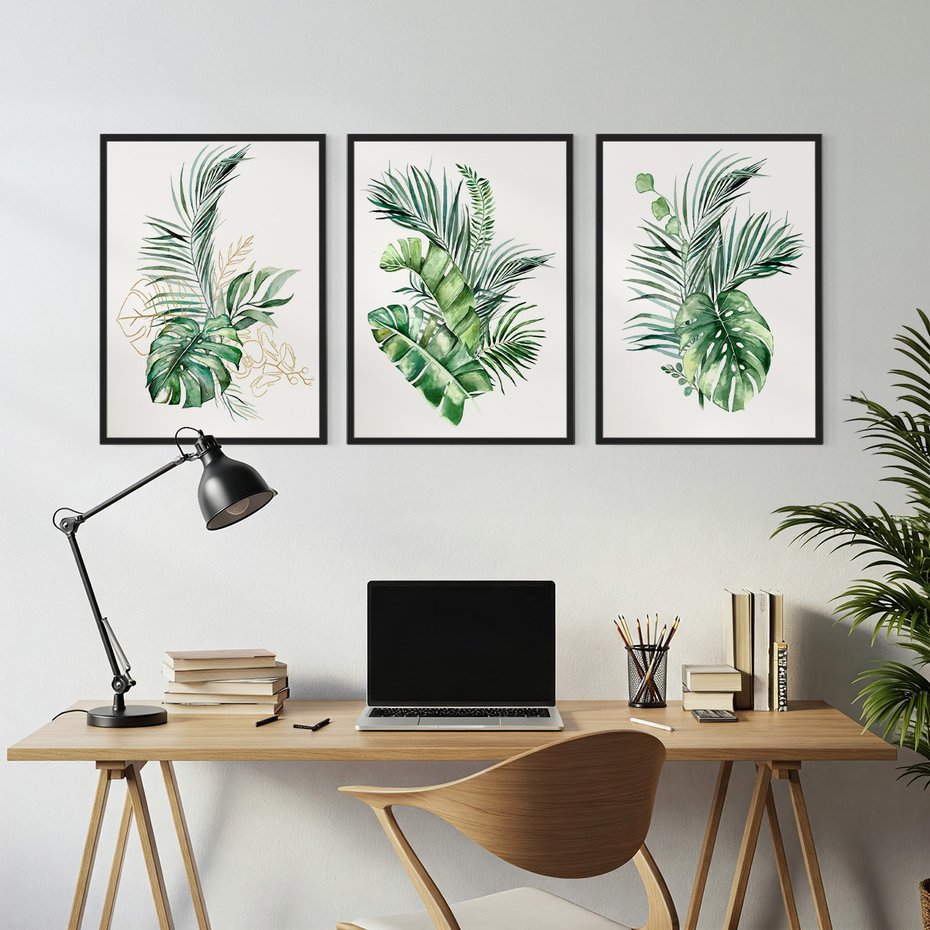 Zestaw obrazy w ramie, plakaty - liście, rośliny, tropikalne - rama czarna
