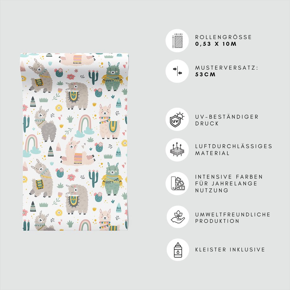 Tapeta - dziecięca, lama, kaktus, tęcza