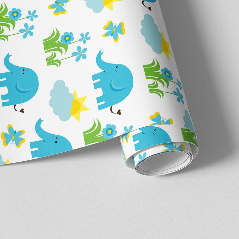 Tapeta - dziecięca, słoń, motyl, kwiat