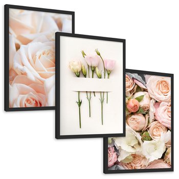 Zestaw obrazy w ramie, plakaty - kwiaty, róże, pastelowe - rama czarna