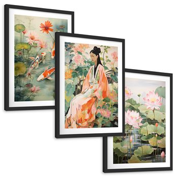 Zestaw obrazy w ramie, plakaty - kwiaty lotosu, ryby koi, azjatycka kobieta - rama czarna