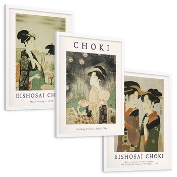 Zestaw obrazy w ramie, plakaty - japonizm, kobiety, portret - rama biała