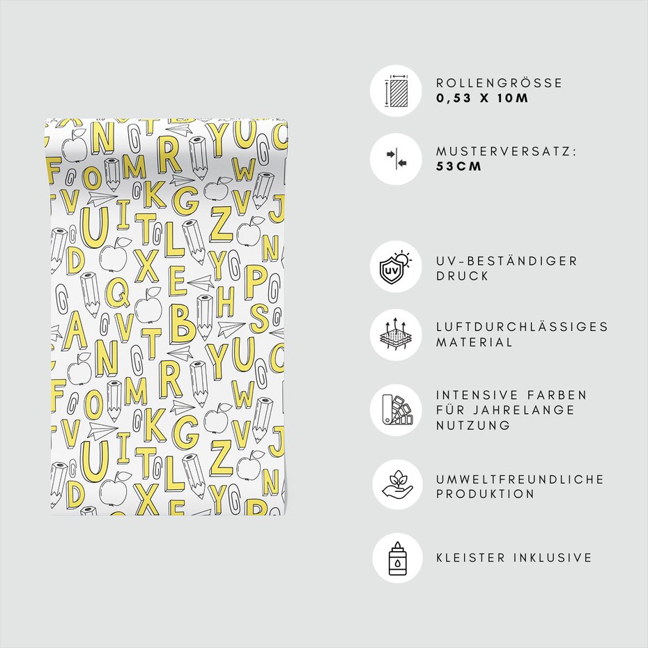 Tapeta - dziecięca, litery, ołówki, jabłka