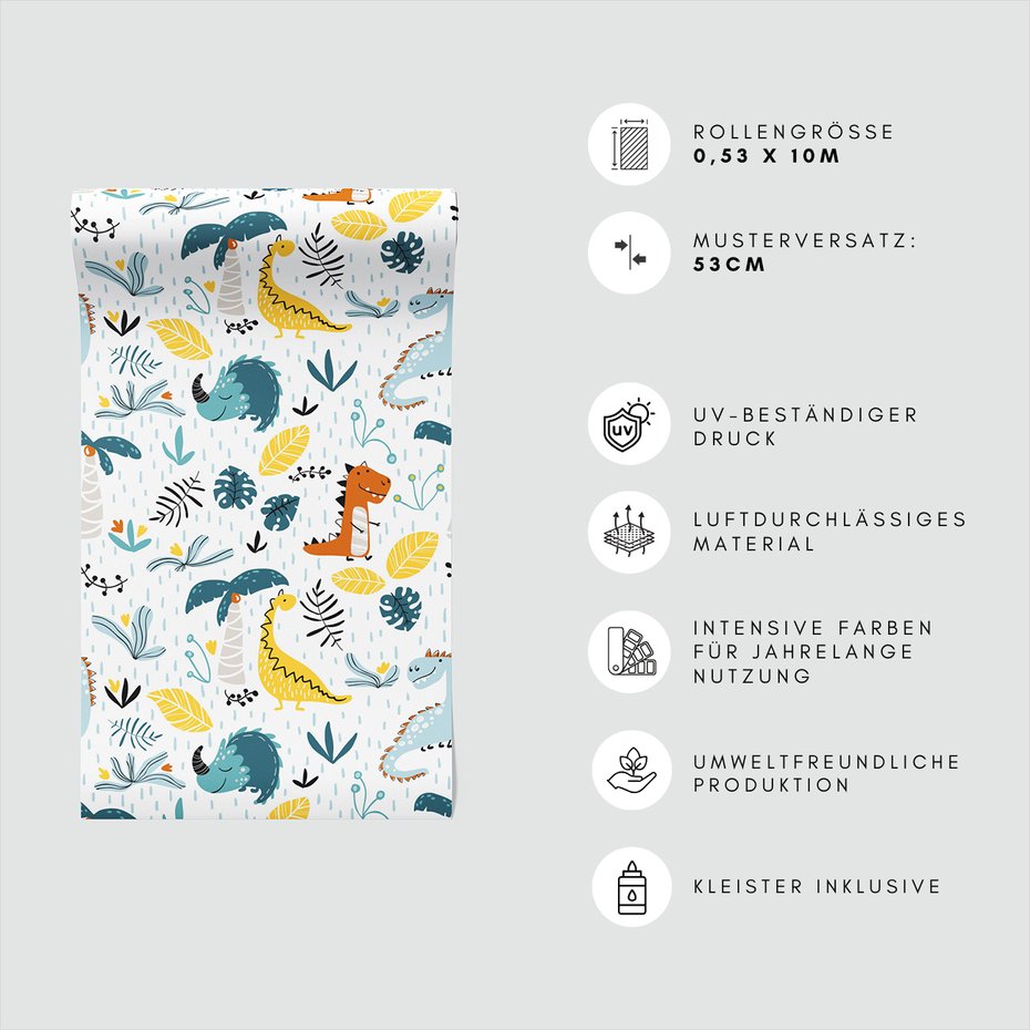 Tapeta - dziecięca, dinozaury, liście, palmy