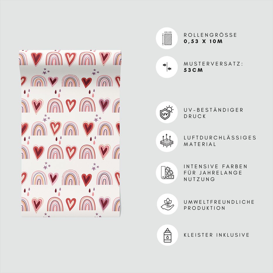 Tapeta - dziecięca, serca, tęcze, gwiazdy