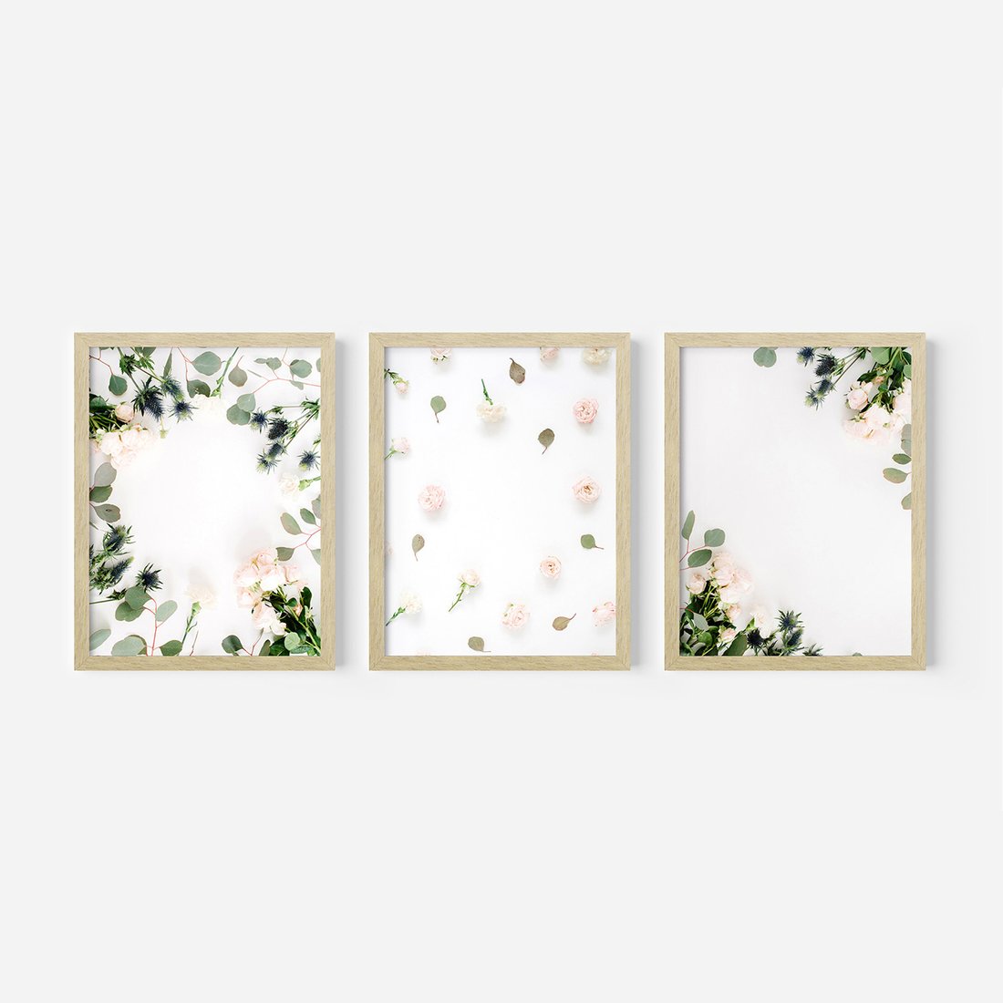 Zestaw obrazy w ramie, plakaty - kwiaty, liście, eukaliptus - rama drewno