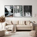Zestaw obrazy w ramie, plakaty - zima, śnieg, las - rama czarna