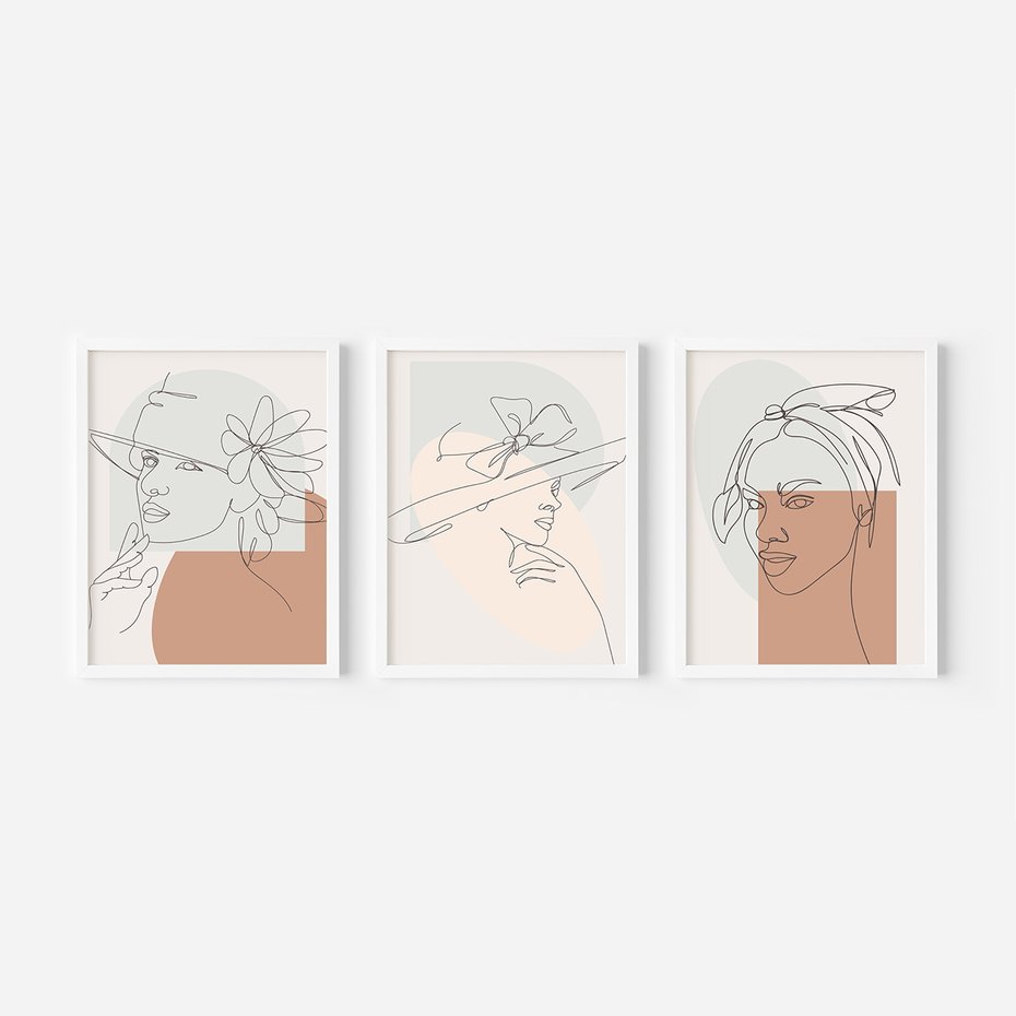 Zestaw obrazy w ramie, plakaty - kobieta, kapelusz, portret - rama biała