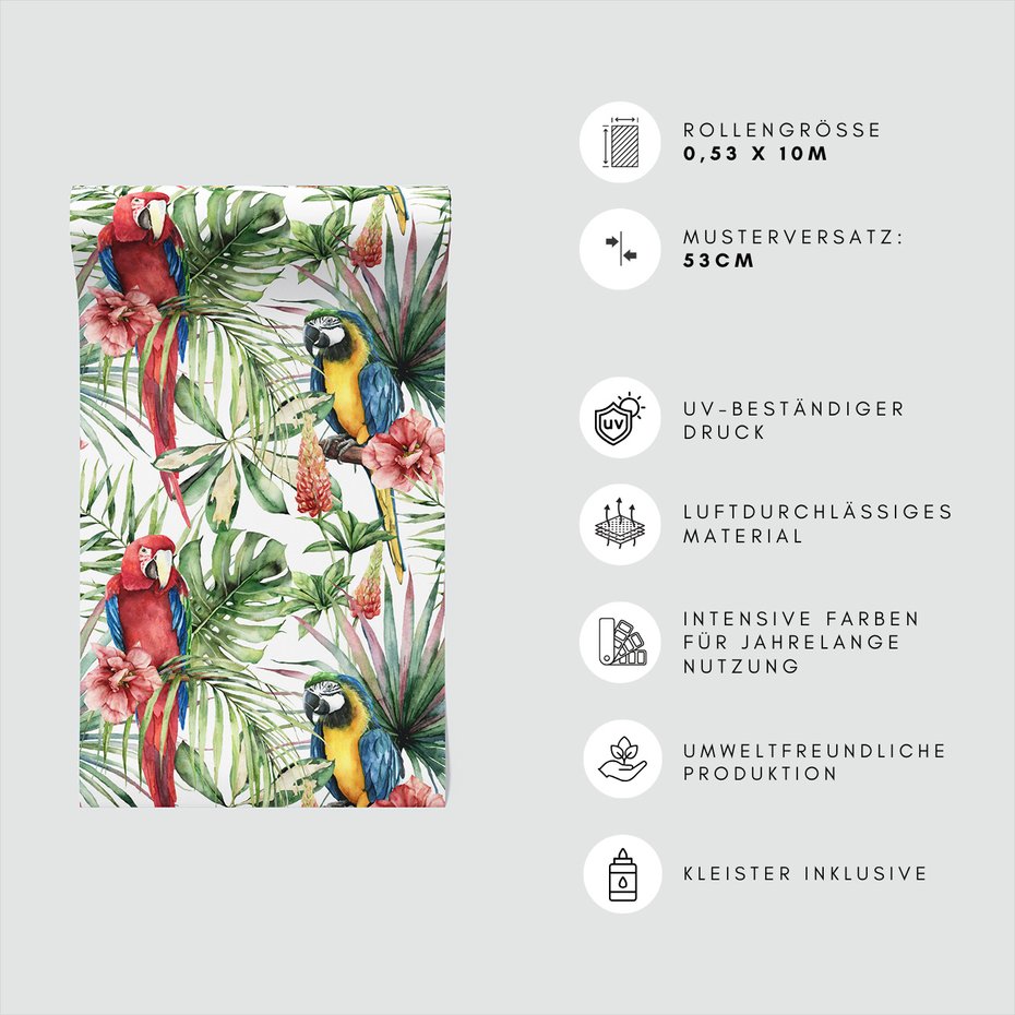 Tapeta - papugi, kwiaty, liście