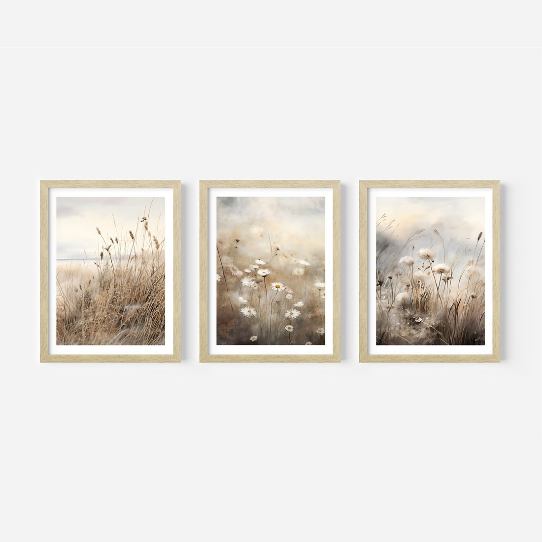 Zestaw obrazy w ramie, plakaty - kwiaty, trawa, delikatne - rama drewno