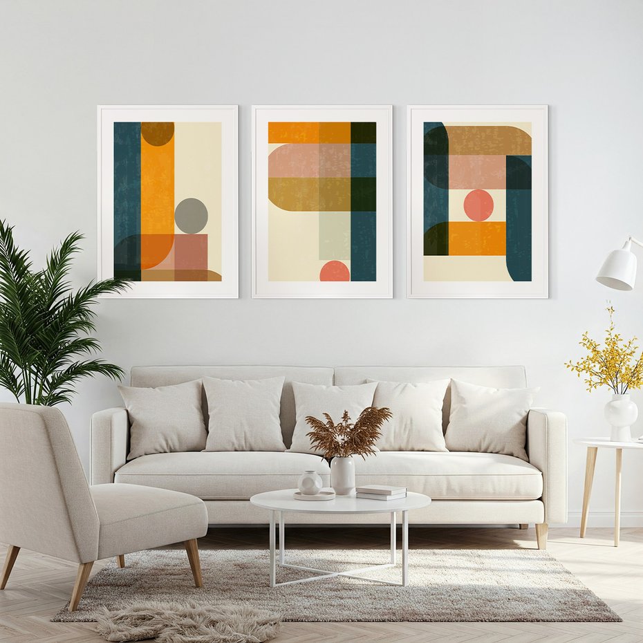 Zestaw obrazy w ramie, plakaty - geometryczne, abstrakcja, minimalizm - rama biała