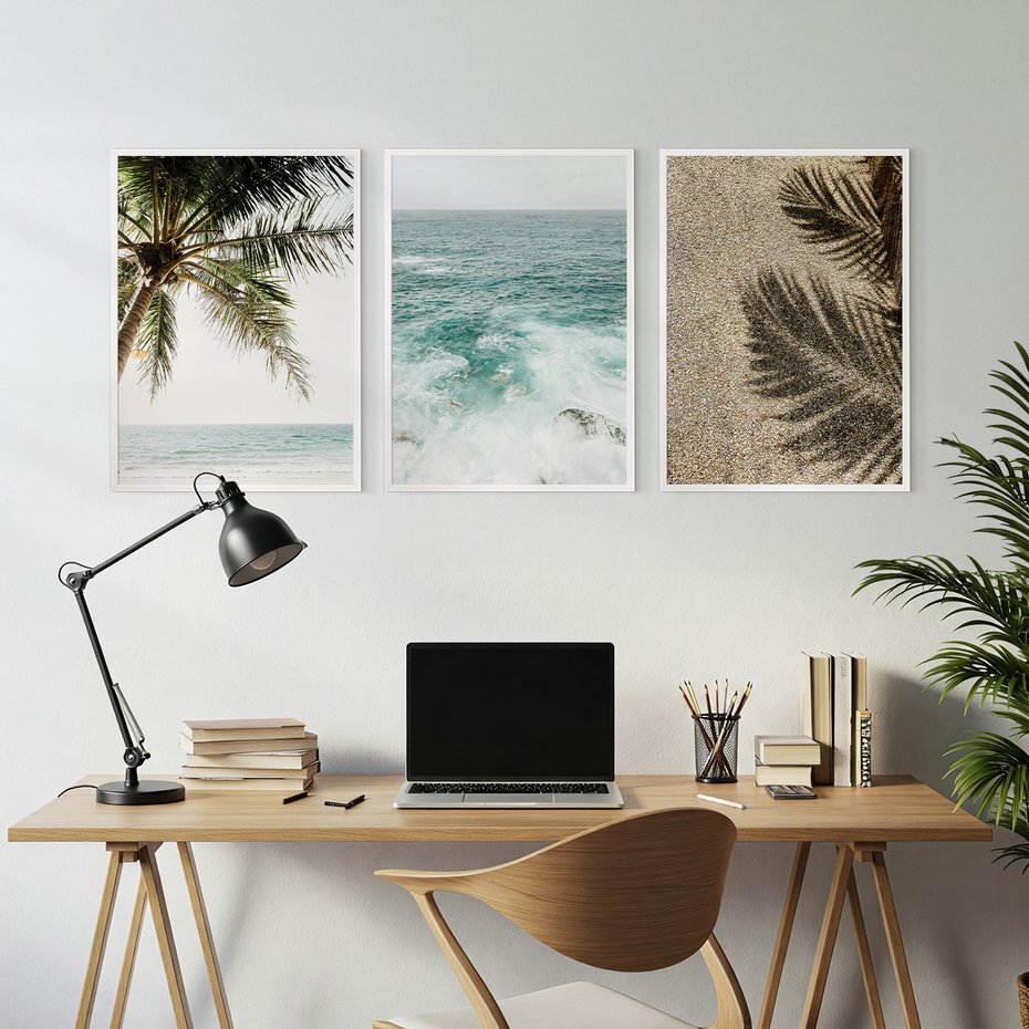 Zestaw obrazy w ramie, plakaty - palma, morze, cień - rama biała