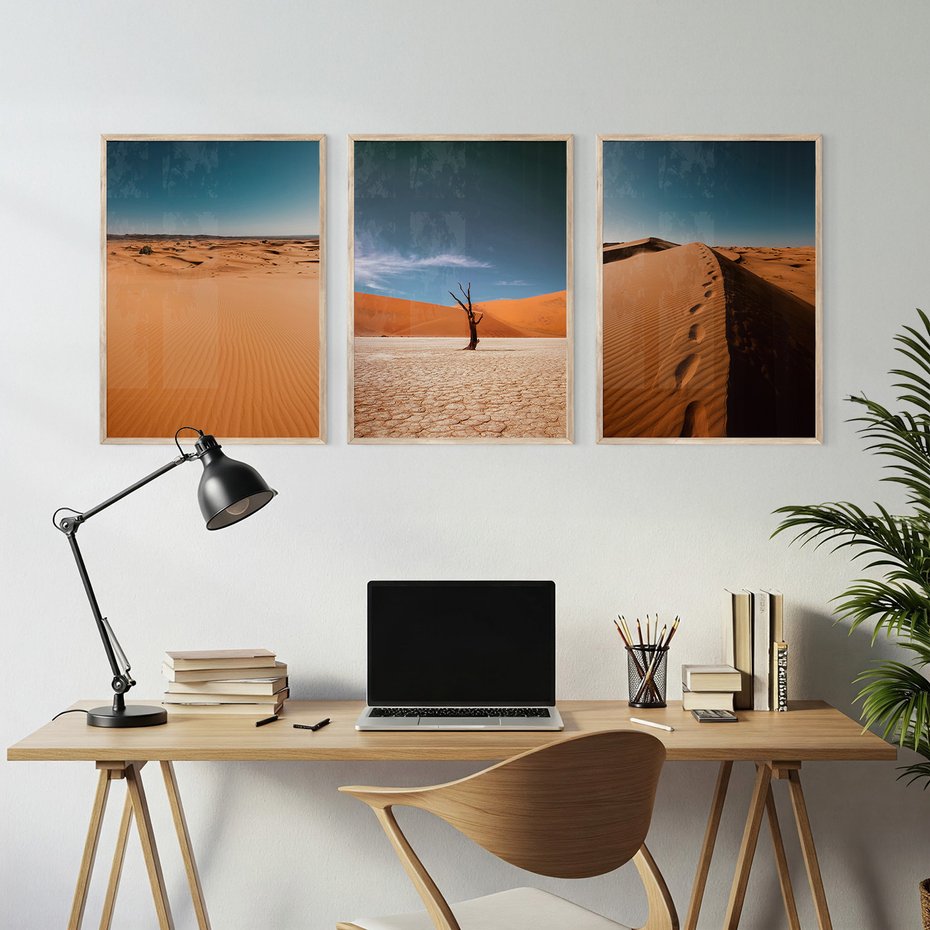 Zestaw obrazy w ramie, plakaty - pustynia, piasek, niebo - rama drewno