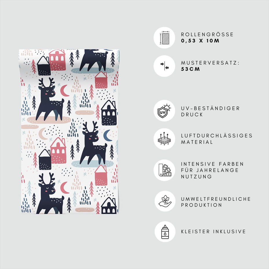 Tapeta - dziecięca, renifer, dom, las