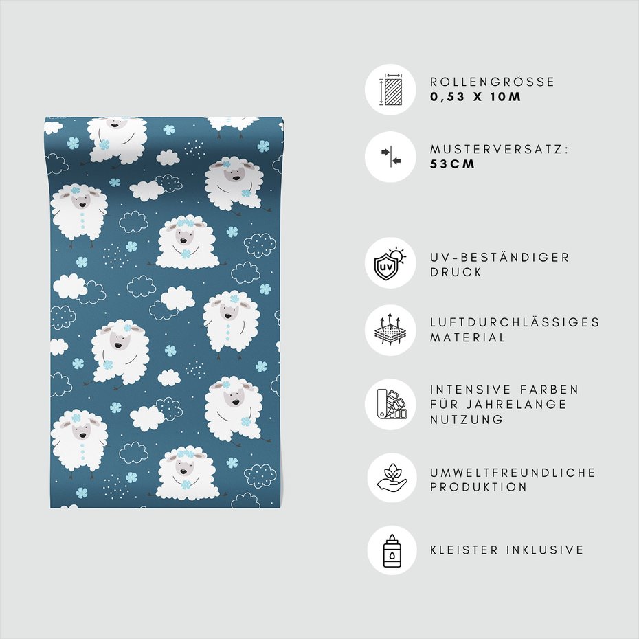 Tapeta - dziecięca, owce, chmury, wzór