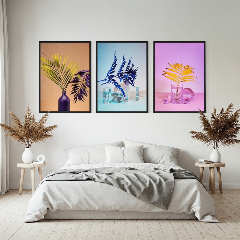 Zestaw obrazy w ramie, plakaty - liście, rośliny, minimalizm - rama czarna