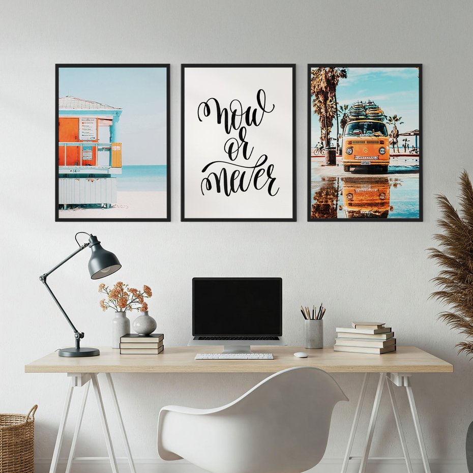 Zestaw obrazy w ramie, plakaty - plaża, lato, wakacje - rama czarna