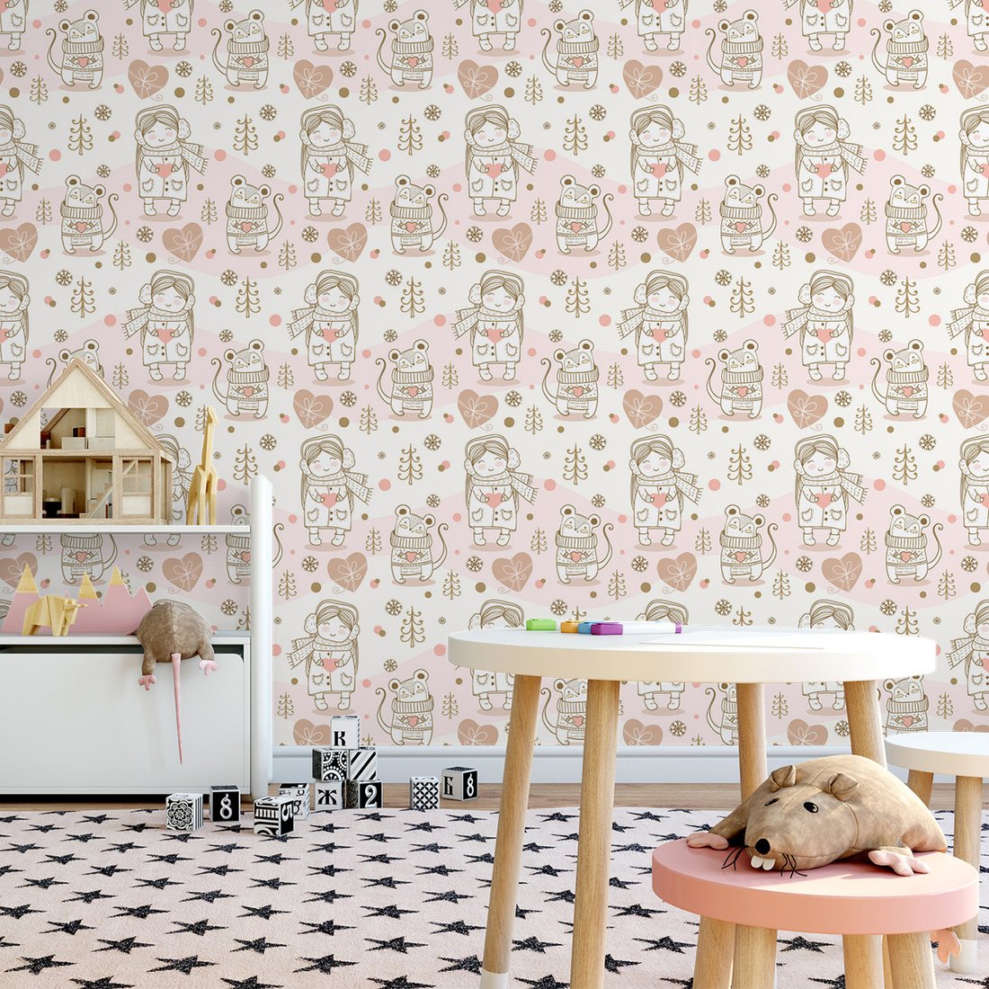 Tapeta - dziecięca, mysz, dziewczynka, choinka