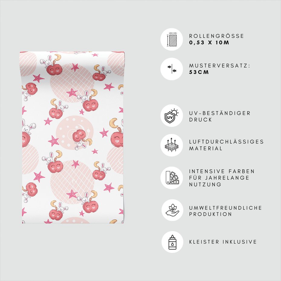 Tapeta - dziecięca, jabłko, królik, gwiazda