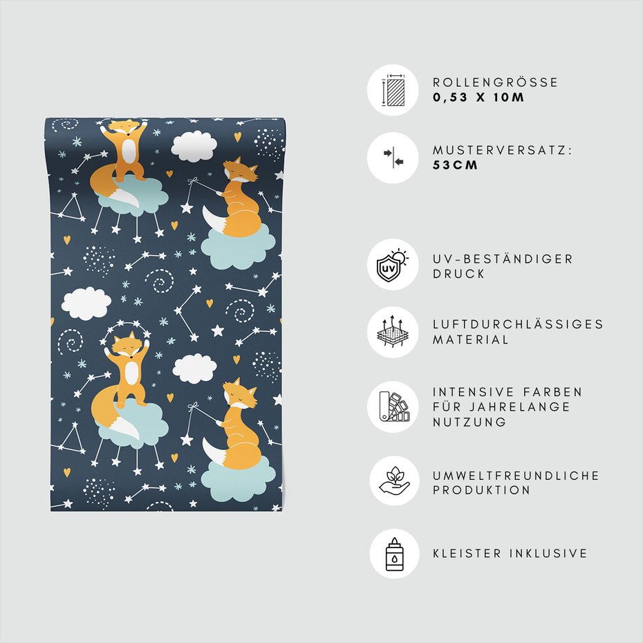 Tapeta - dziecięca, lisy, chmury, gwiazdy