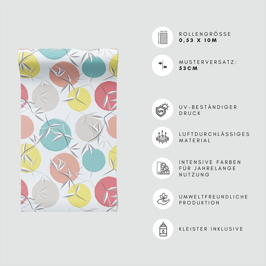 Tapeta - liście, koła, pastelowe,