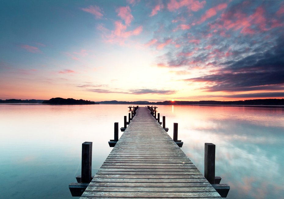 Fototapeta - jezioro, pomost, zachód słońca