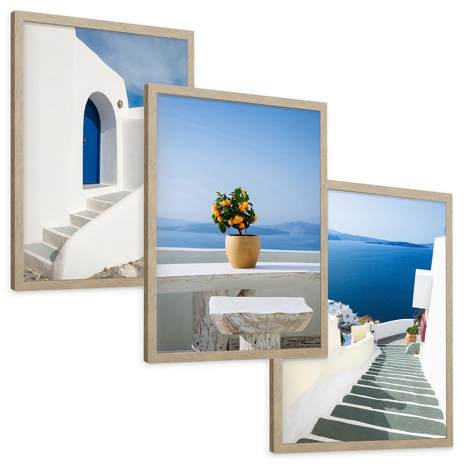 Zestaw obrazy w ramie, plakaty - Grecja, morze, Santorini - rama drewno
