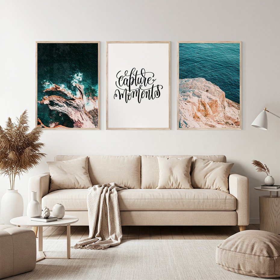 Zestaw obrazy w ramie, plakaty - morze, skały, ocean - rama drewno