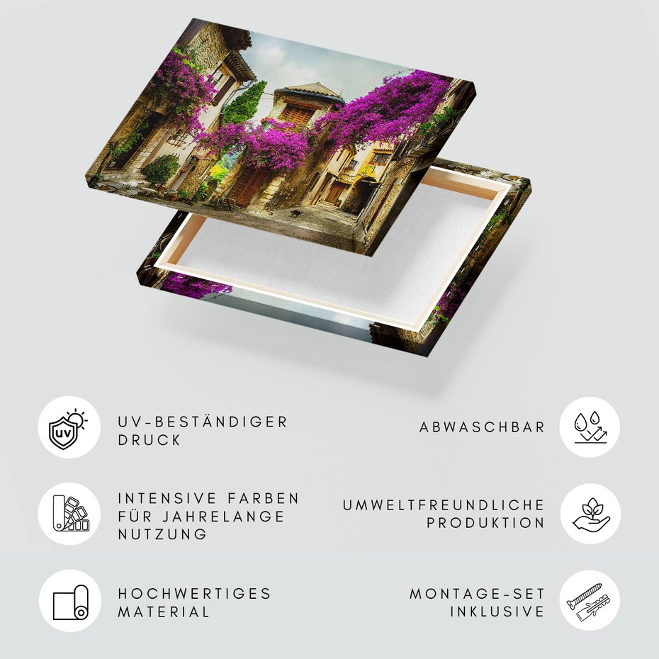 Obraz na płótnie - uliczka, kwiaty, budynki