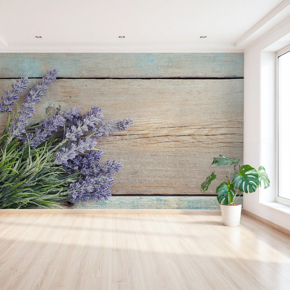 Fototapeta - lawenda, kwiaty, drewno