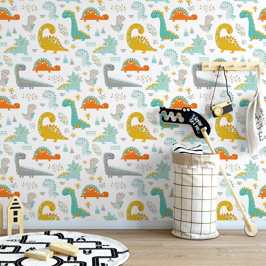 Tapeta - dziecięca, dinozaury, ilustracje, wzory