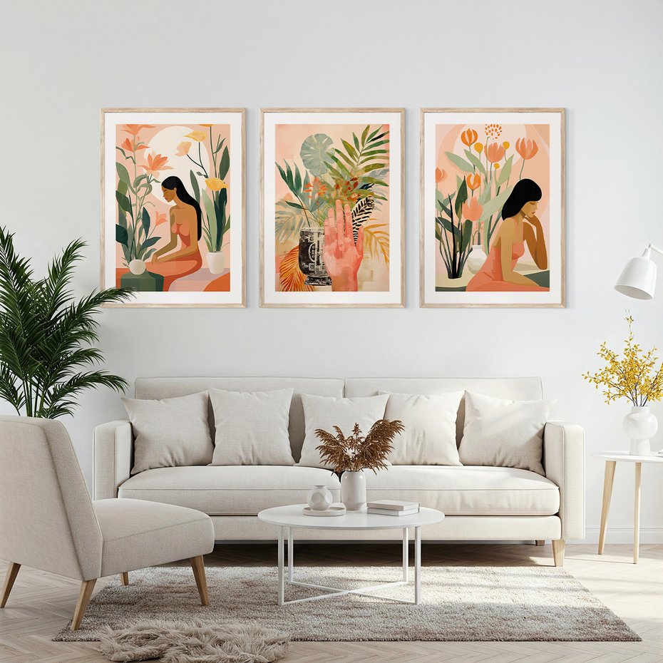 Zestaw obrazy w ramie, plakaty - kobieta, kwiaty, liście - rama drewno