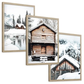 Zestaw obrazy w ramie, plakaty - zima, drewno, śnieg - rama drewno