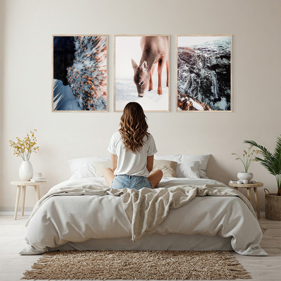 Zestaw obrazy w ramie, plakaty - zima, śnieg, natura - rama drewno