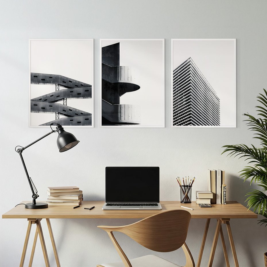 Zestaw obrazy w ramie, plakaty - architektura, budynki, minimalizm - rama biała