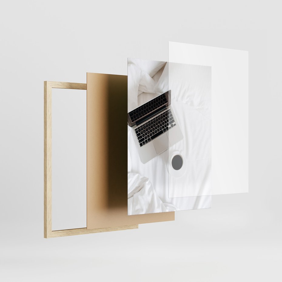 Zestaw obrazy w ramie, plakaty - minimalizm, kawa, laptop - rama drewno