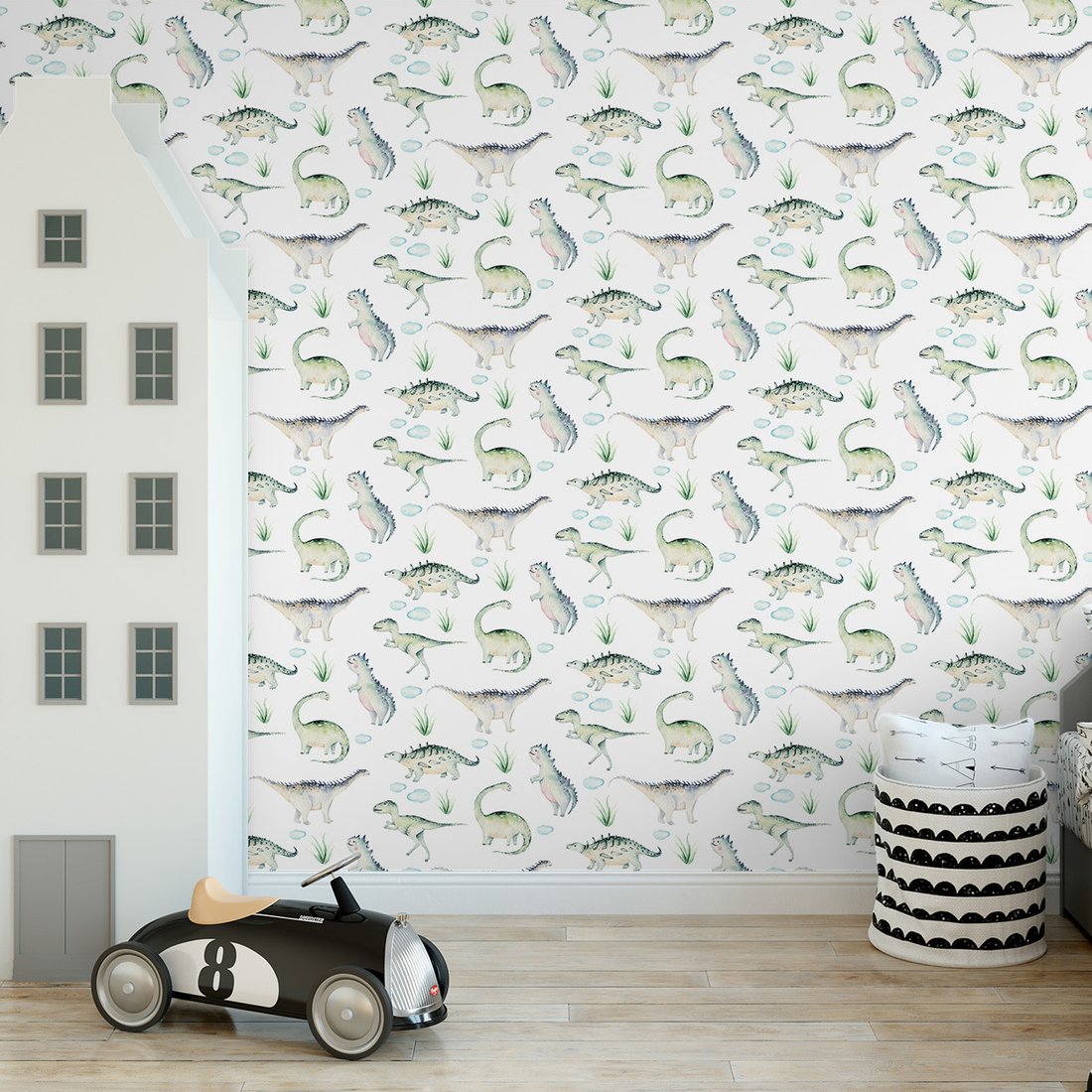 Tapeta - dziecięca, dinozaury, trawa, chmury