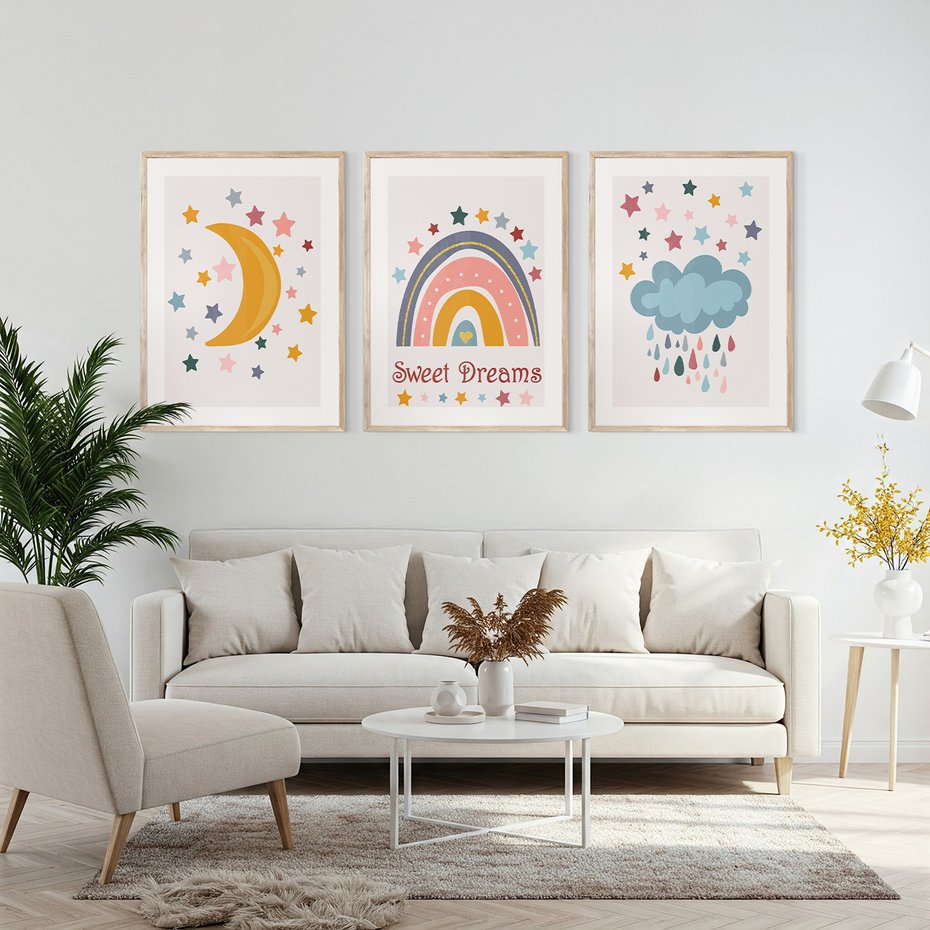 Zestaw obrazy w ramie, plakaty - gwiazdy, księżyc, tęcza - rama drewno