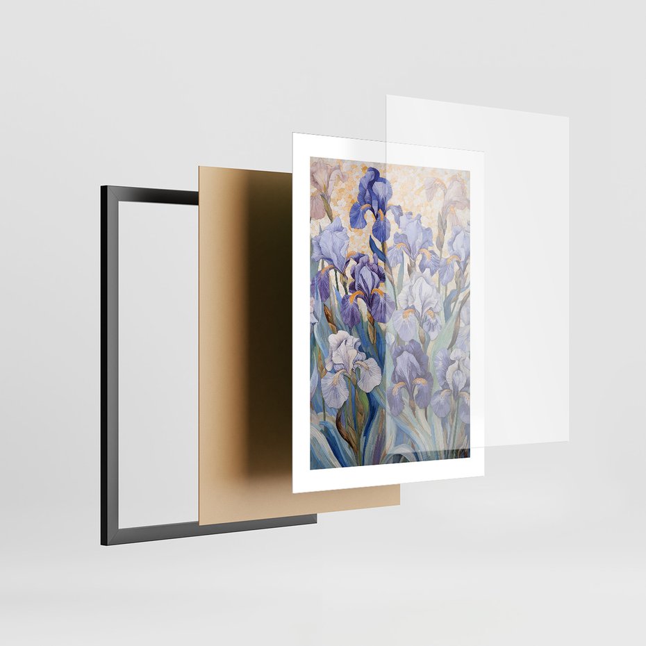 Zestaw obrazy w ramie, plakaty - kwiaty, irysy, rośliny - rama czarna