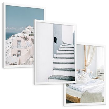 Zestaw obrazy w ramie, plakaty - budynki,schody,łóżko - rama biała