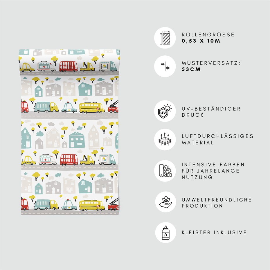 Tapeta - dziecięca, miasto, pojazdy, drzewa