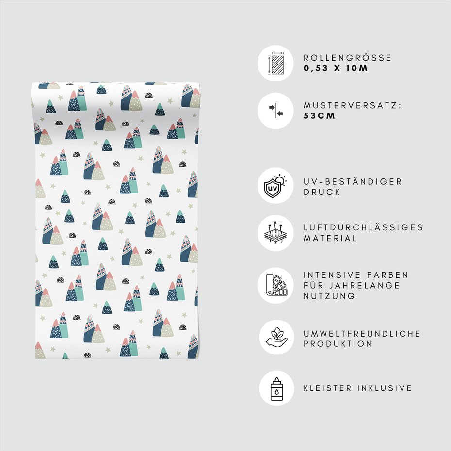 Tapeta - dziecięca, góry, gwiazdy, kropki