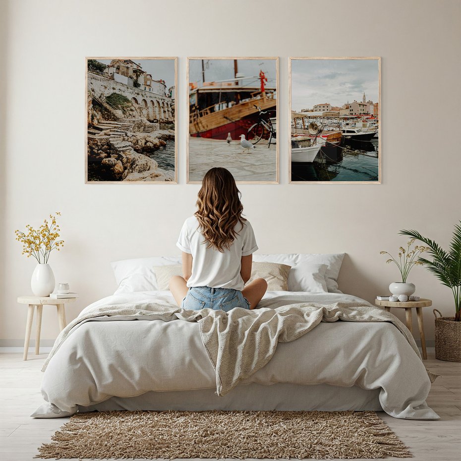 Zestaw obrazy w ramie, plakaty - miasto, port, morze - rama drewno